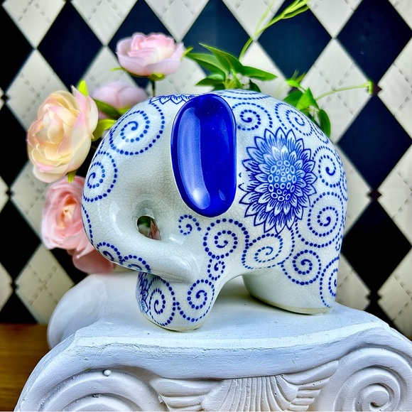 Turkish Porcelain Elephant Figurine Blue Floral Pattern Folk Art  Collectible - Picture 3 of 17